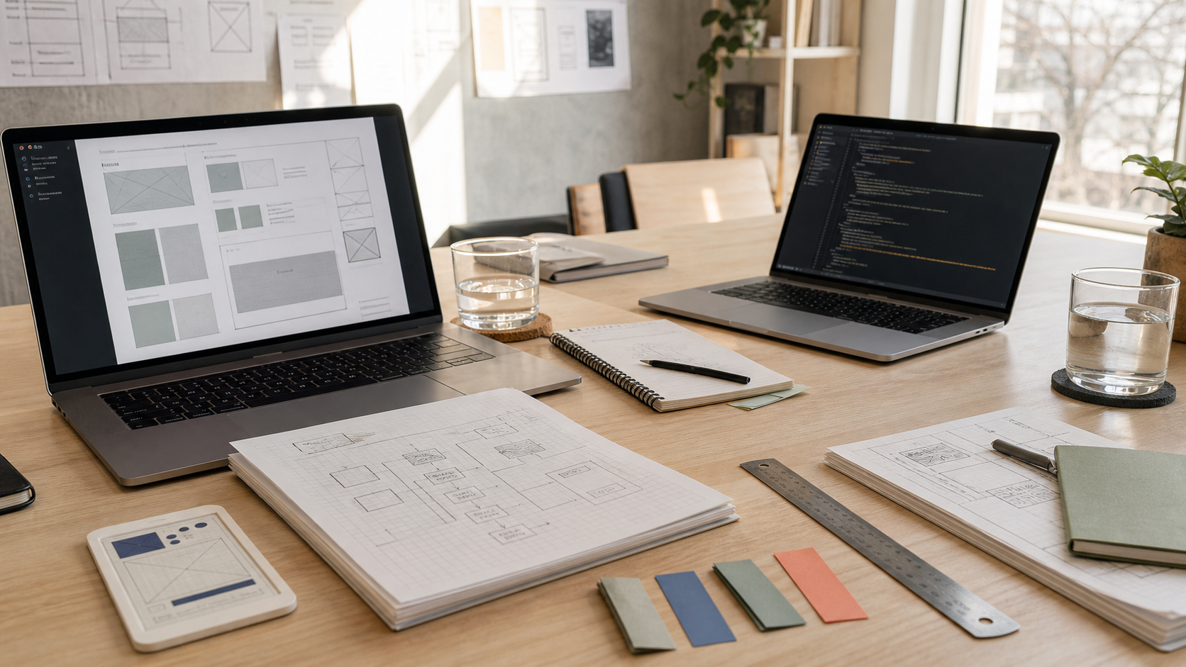 A product planning table with interface wireframes, system diagrams, and two laptops