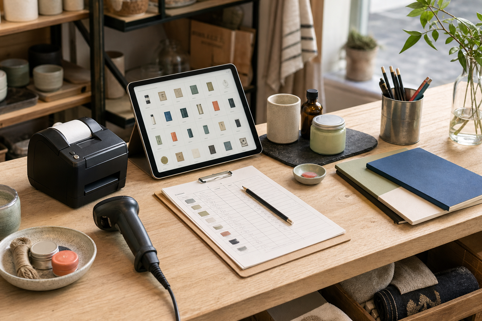 A small business counter with a tablet, inventory sheet, receipt printer, and product samples